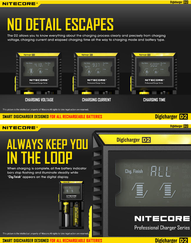 Chargeur D2 Nitecore Li-ion, IMR, Ni-MH, LiFePO4 et Ni-CD  NYCTALOPE  