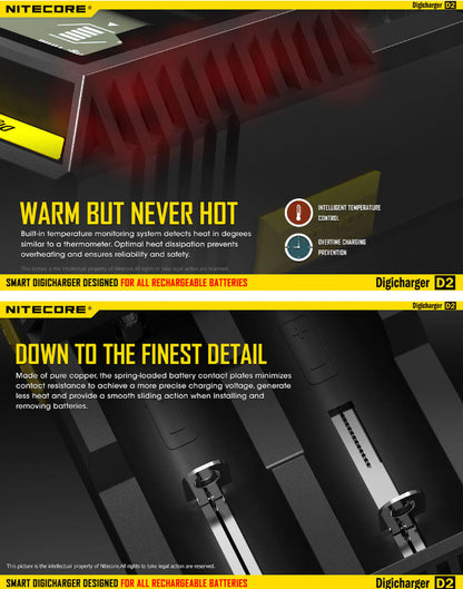 Chargeur D2 Nitecore Li-ion, IMR, Ni-MH, LiFePO4 et Ni-CD  NYCTALOPE  