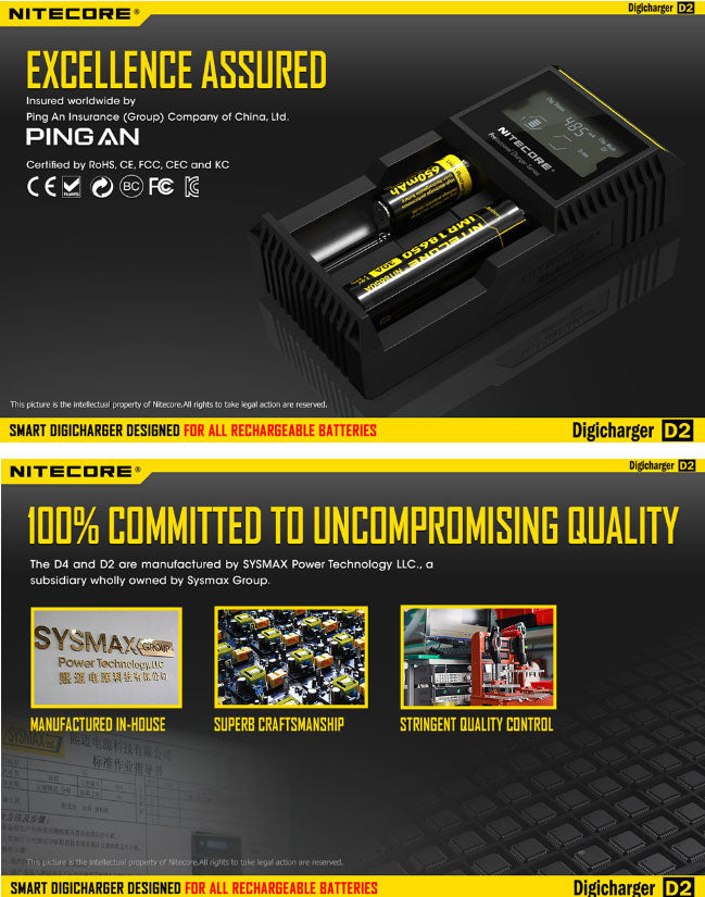 Chargeur D2 Nitecore Li-ion, IMR, Ni-MH, LiFePO4 et Ni-CD  NYCTALOPE  
