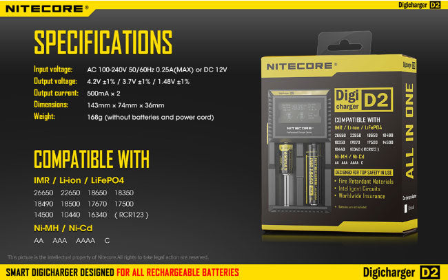Chargeur D2 Nitecore Li-ion, IMR, Ni-MH, LiFePO4 et Ni-CD  NYCTALOPE  