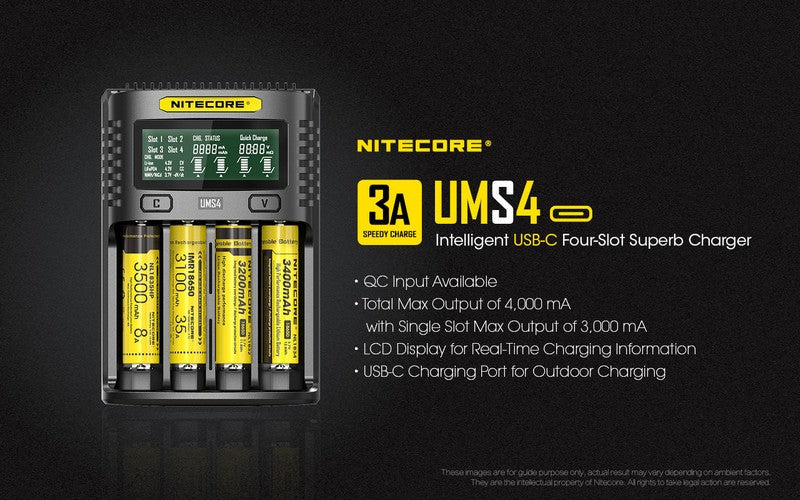 Chargeur Nitecore UMS4 pour batteries li-ion, IMR, LiFePO4, Ni-MH, Ni-Cd  NYCTALOPE  