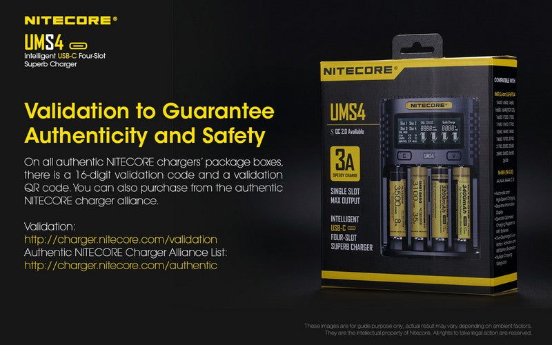 Chargeur Nitecore UMS4 pour batteries li-ion, IMR, LiFePO4, Ni-MH, Ni-Cd  NYCTALOPE  