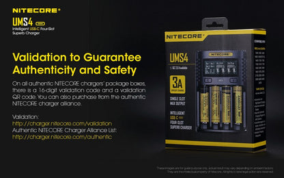 Chargeur Nitecore UMS4 pour batteries li-ion, IMR, LiFePO4, Ni-MH, Ni-Cd  NYCTALOPE  