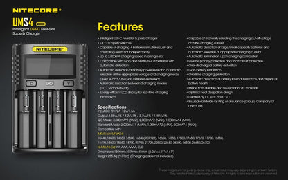 Chargeur Nitecore UMS4 pour batteries li-ion, IMR, LiFePO4, Ni-MH, Ni-Cd  NYCTALOPE  