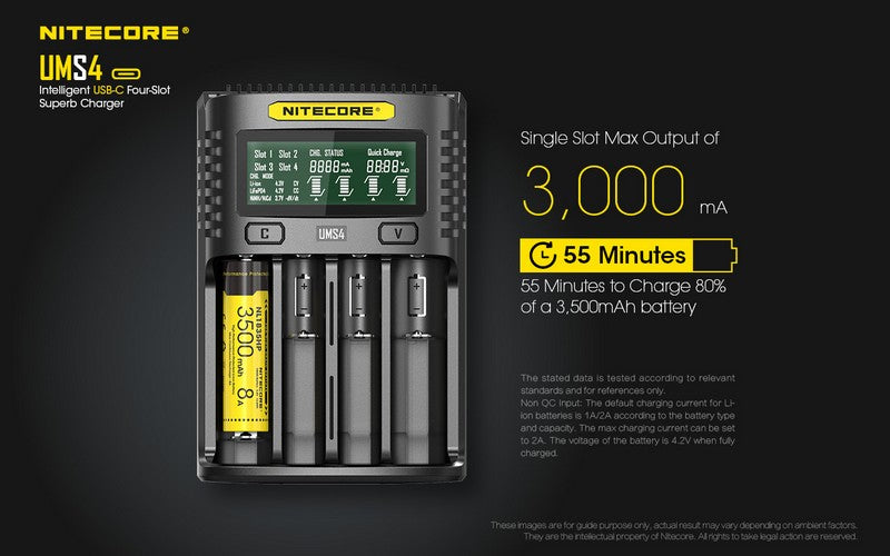 Chargeur Nitecore UMS4 pour batteries li-ion, IMR, LiFePO4, Ni-MH, Ni-Cd  NYCTALOPE  