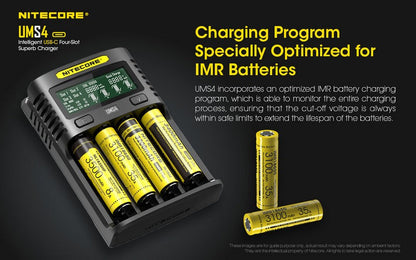 Chargeur Nitecore UMS4 pour batteries li-ion, IMR, LiFePO4, Ni-MH, Ni-Cd  NYCTALOPE  