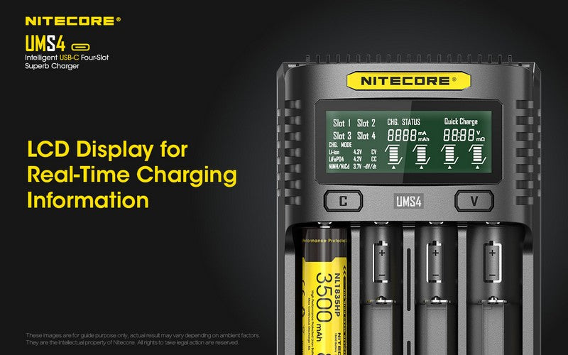 Chargeur Nitecore UMS4 pour batteries li-ion, IMR, LiFePO4, Ni-MH, Ni-Cd  NYCTALOPE  