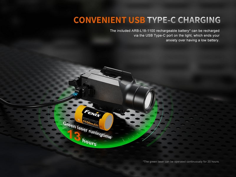 Lampe pour arme Fenix GL23R – 1200 Lumens avec laser vert rechargeable  NYCTALOPE  