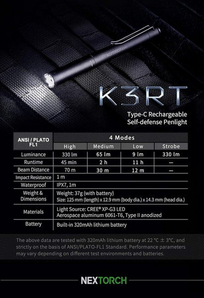 Lampe Nextorch K3RT - 330 Lumens - lampe tactique self défense  NYCTALOPE  