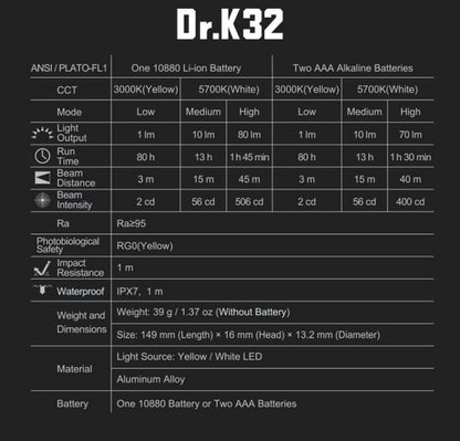 Lampe Nextorch DR K32 80 Lumens blanc / Jaune - Lampe médicale rechargeable - NYCTALOPE