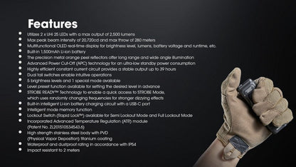 Lampe Torche Nitecore EDC23 - 2500 Lumens rechargeable  NYCTALOPE  