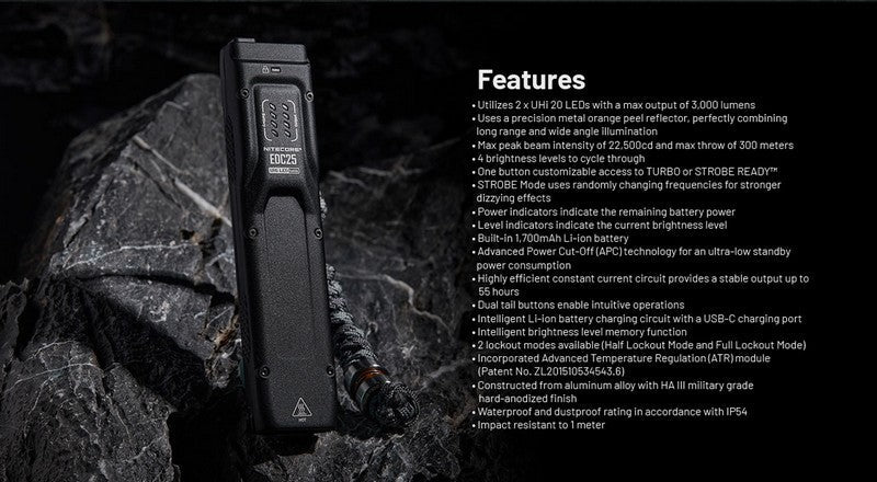 Lampe Torche Nitecore EDC25 - 3000 Lumens rechargeable  NYCTALOPE  