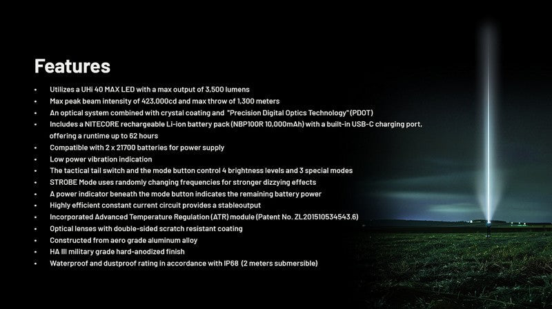 Lampe Torche Nitecore MH40 PRO - 3500 Lumens - Interrupteur sans fil  NYCTALOPE  