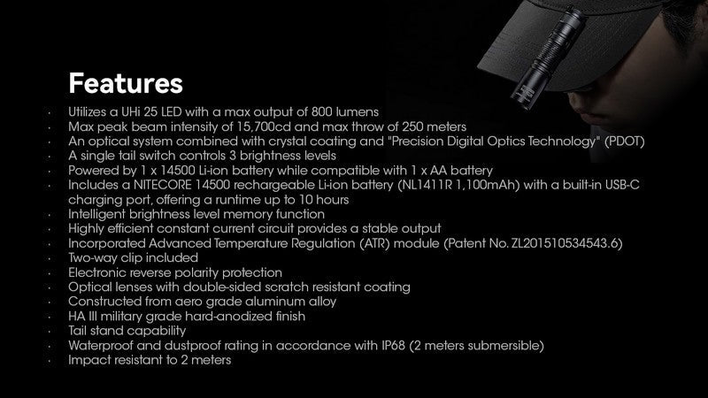 Lampe Torche Nitecore MT1A PRO - 800 Lumens  NYCTALOPE  