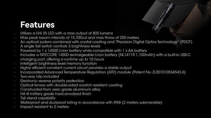 Lampe Torche Nitecore MT1A PRO - 800 Lumens  NYCTALOPE  