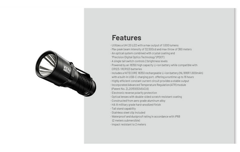 Lampe Torche tactique Nitecore MT1C PRO - 1800Lumens  NYCTALOPE  