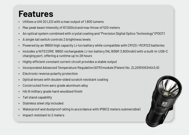 Lampe Torche tactique Nitecore MT2C PRO - 1800Lumens  NYCTALOPE  