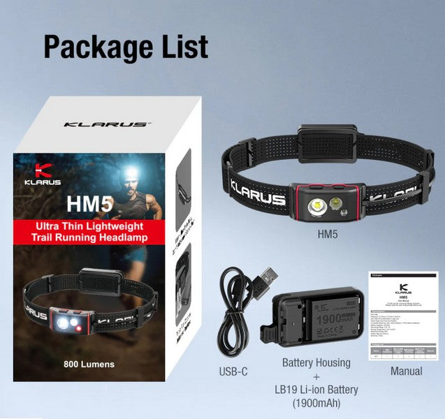 Lampe Frontale Klarus HM5 V2 - 800 Lumens - Lumière rouge - Ultra légère - NYCTALOPE