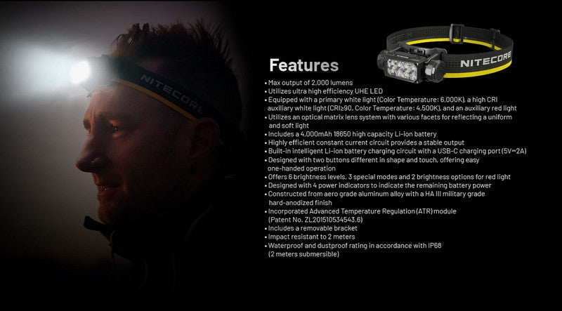 Lampe frontale Nitecore HC65 UHE - 2000 Lumens - Rechargeable USB-C - Lumière rouge  NYCTALOPE  
