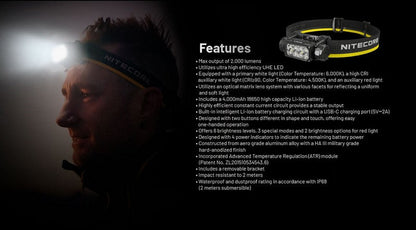 Lampe frontale Nitecore HC65 UHE - 2000 Lumens - Rechargeable USB-C - Lumière rouge  NYCTALOPE  