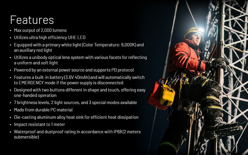 Lampe frontale Nitecore HU2000 - 2000 Lumens - S'alimente en USB-C  NYCTALOPE  