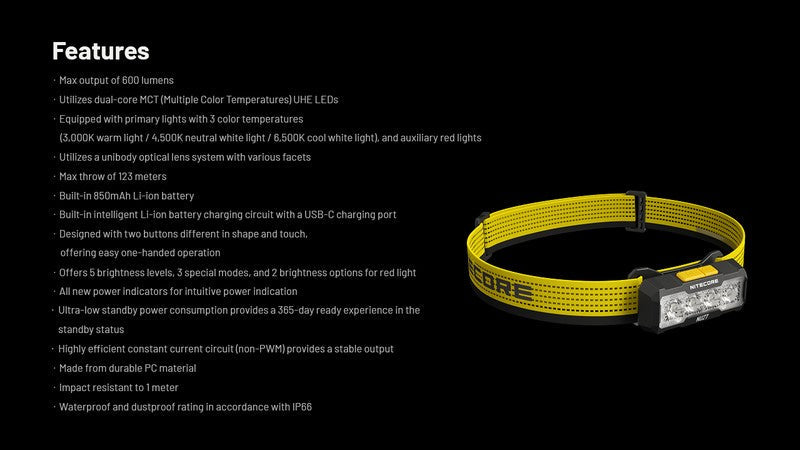 Lampe frontale Nitecore NU27 - 600 Lumens rechargeable  NYCTALOPE  