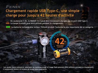 Lampe Frontale Fenix HM50R V2.0 - 700 Lumens - Rechargeable USB-C  NYCTALOPE  