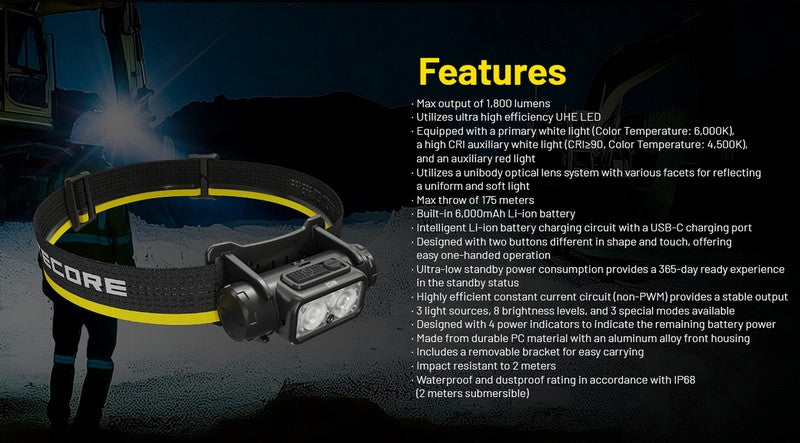 Lampe Frontale Nitecore NU53 - 1800 Lumens rechargeable  NYCTALOPE  