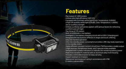 Lampe Frontale Nitecore NU53 - 1800 Lumens rechargeable  NYCTALOPE  