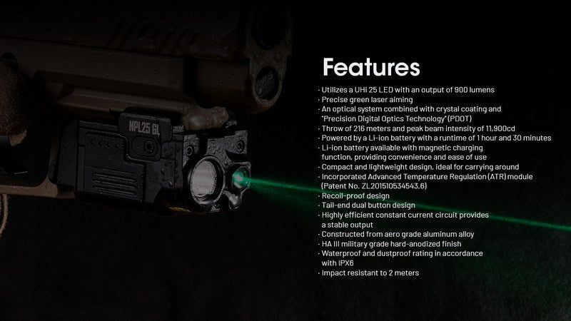Lampe rechargeable pour arme Nitecore NPL25GL - 900 Lumens et laser vert  NYCTALOPE  