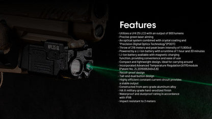 Lampe rechargeable pour arme Nitecore NPL25GL - 900 Lumens et laser vert  NYCTALOPE  