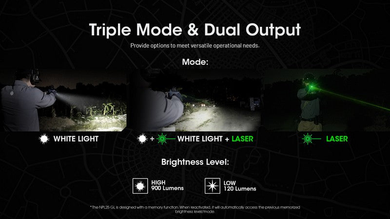 Lampe rechargeable pour arme Nitecore NPL25GL - 900 Lumens et laser vert  NYCTALOPE  