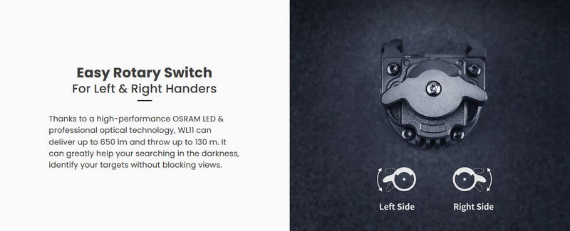 Lampe arme de poing Nextorch WL11 - 650 Lumens - Fixation sur rail  NYCTALOPE  