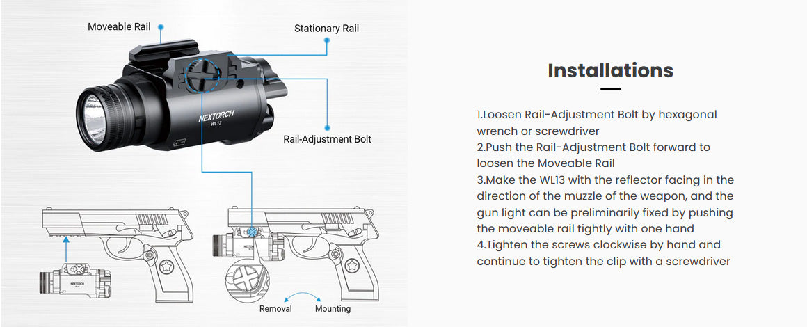 Lampe arme de poing Nextorch WL13 - 1300Lumens - Fixation sur rail