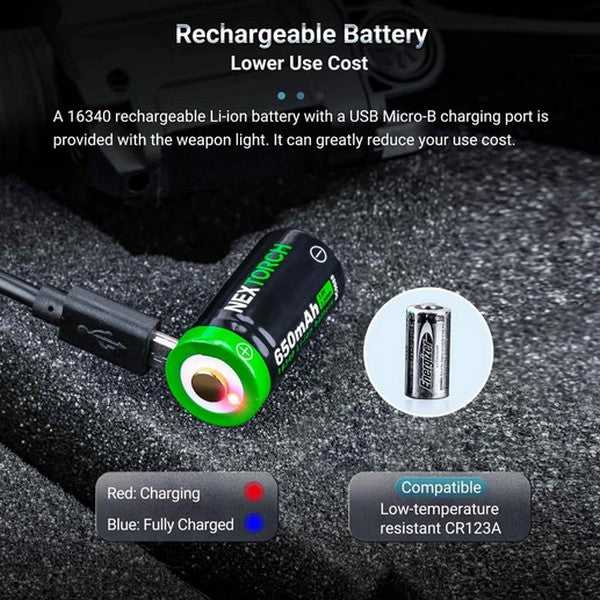 Lampe arme de poing Nextorch WL21G - 650 Lumens + laser vert - Fixation sur rail  NYCTALOPE  