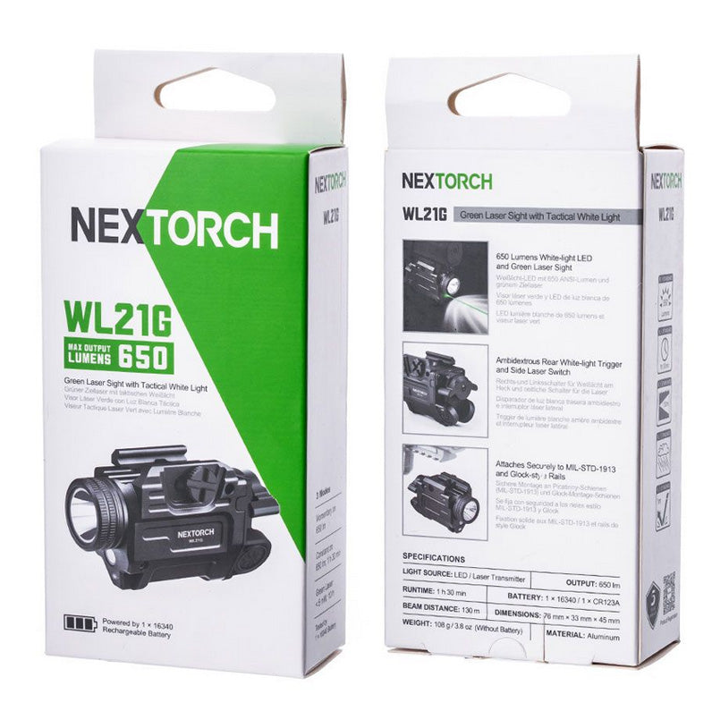 Lampe arme de poing Nextorch WL21G - 650 Lumens + laser vert - Fixation sur rail