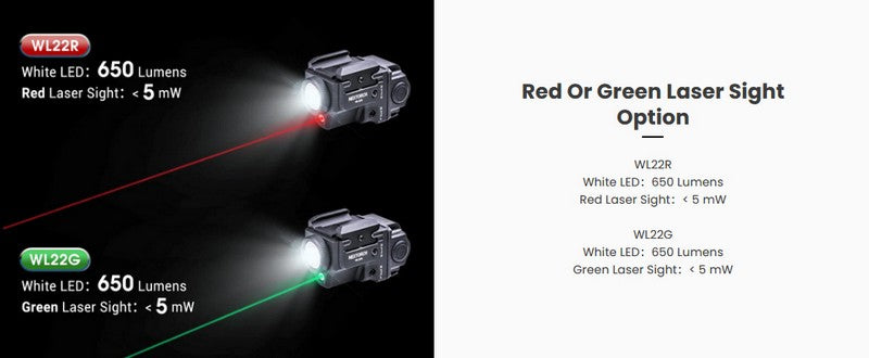 Lampe arme de poing Nextorch WL22G - 650 Lumens + laser vert - Fixation sur rail  NYCTALOPE  