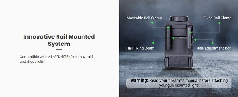 Lampe arme de poing Nextorch WL22G - 650 Lumens + laser vert - Fixation sur rail  NYCTALOPE  