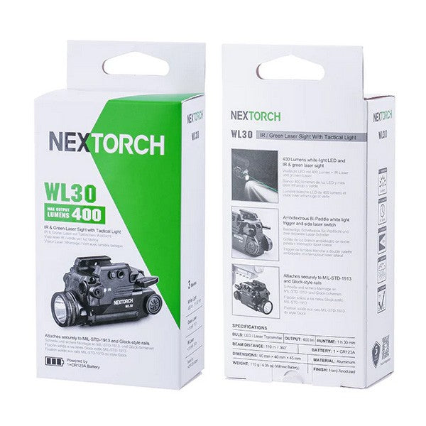 Lampe arme de poing Nextorch WL30 - 400 Lumens - laser vert et IR Infra rouge - Fixation sur rail  NYCTALOPE  