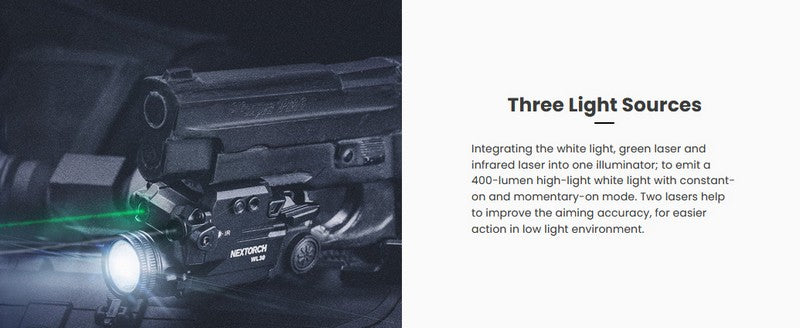 Lampe arme de poing Nextorch WL30 - 400 Lumens - laser vert et IR Infra rouge - Fixation sur rail  NYCTALOPE  