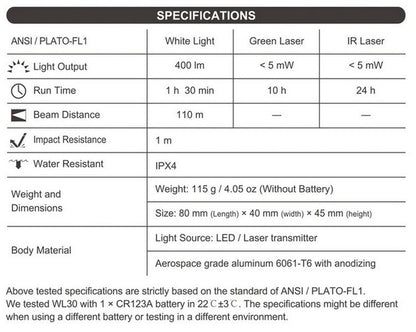 Lampe arme de poing Nextorch WL30 - 400 Lumens - laser vert et IR Infra rouge - Fixation sur rail  NYCTALOPE  