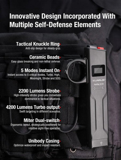 Lampe Torche FlatTac Klarus X1-K - 4200Lumens rechargeable USB-C - avec anneau tactique  NYCTALOPE  