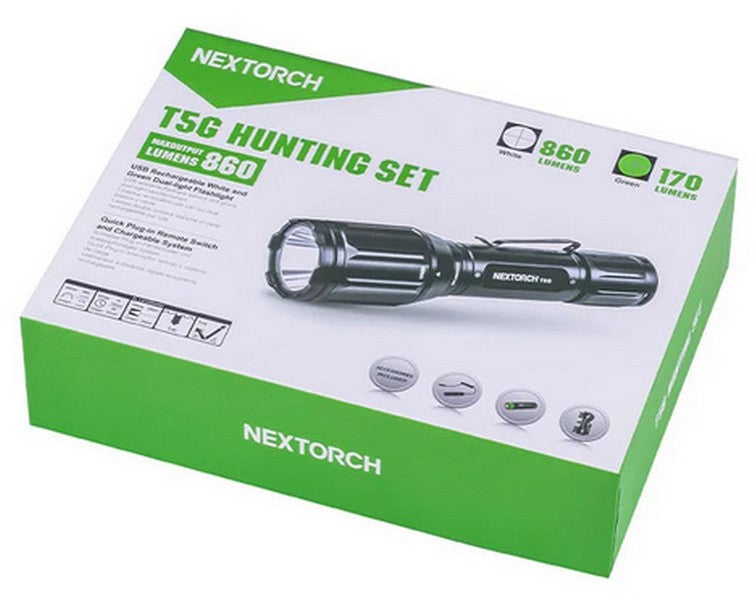 Lampe Torche tactique Nextorch T5G V2.0 SET - 1200 Lumens rechargeable - Kit chasse - lumière blanche et verte  NYCTALOPE  
