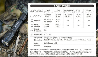 Lampe Torche tactique Nextorch T5G V2.0 SET - 1200 Lumens rechargeable - Kit chasse - lumière blanche et verte  NYCTALOPE  