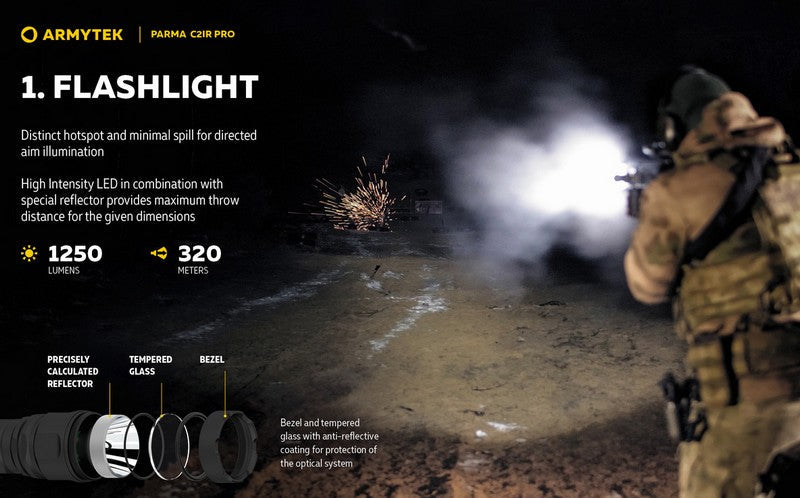 Lampe torche tactique Armytek Parma C2iR Pro 1250 Lumens + Infrarouge  NYCTALOPE  