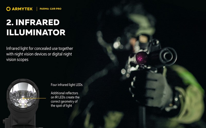 Lampe torche tactique Armytek Parma C2iR Pro 1250 Lumens + Infrarouge  NYCTALOPE  