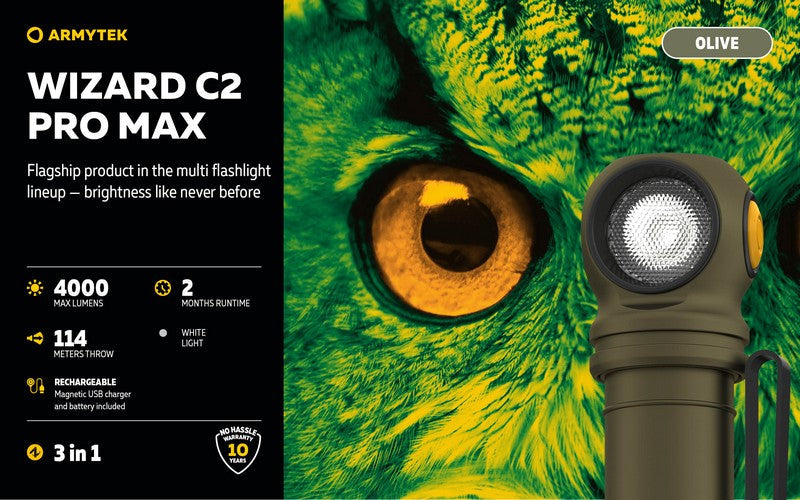 Lampe Frontale Armytek Wizard C2 PRO MAX OLIVE Magnet USB 4000 Lumens - rechargeable en USB  NYCTALOPE  