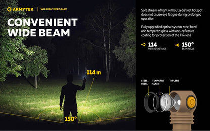 Lampe Frontale Armytek Wizard C2 PRO MAX SAND Magnet USB 4000 Lumens - rechargeable en USB  NYCTALOPE  