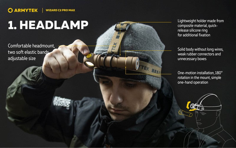 Lampe Frontale Armytek Wizard C2 PRO MAX SAND Magnet USB 4000 Lumens - rechargeable en USB  NYCTALOPE  