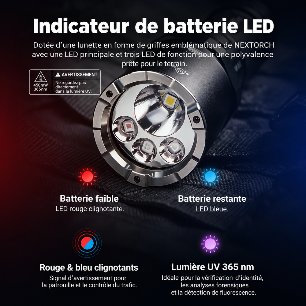 Nextorch P09 - Lampe tactique 2000 lumens 4 sources blanc, UV, rouge et bleu
